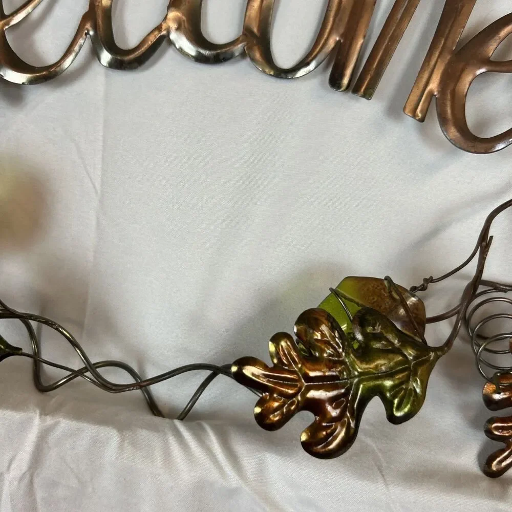 Fall Leaves Welcome Wreath Hanging Metal & Glass Decor Thanksgiving 17x13”